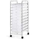 COSTWAY Rollwagen mit Schubladen Rollcontainer Badrollwagen Badtrolley Badregal Beistellwagen mit 10 stapelbaren Schubladen Metallgestell (Transparent)