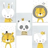 LALELU-Prints | A4 Bilder Kinderzimmer Deko Junge Mädchen | Zauberhafte Tiere nordic senf-gelb | Poster Babyzimmer | 5er Set Kinderbilder (DIN A4 ohne Rahmen)