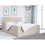 MKS MEBLE Boxspringbett 180x200 - Cremig Doppelbett Polsterbett- Polsterbett mit Multipocket-Matratze H3 und Topper - Kunstlederbett mit Bettkasten - Stauraumbett TOP2