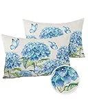Farm Outdoor Kissenbezug, blaue Hortensien, Blume, Schmetterling, wasserdichte Kissenbezüge, 2 Stück, Aquarell, Blumenmuster, Vintage-Leinen, Kissenbezüge, Sofa, 50.8x30.5 cm