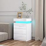 Moderner Nachttisch mit LED Beleuchtung Nachtschrank Hochglanz Nachtkommode mit 3 Schubladen & Flip Cover für Wohnzimmer Schlafzimmer Weiß