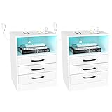 Lvhcmfohm Nachttisch Weiß mit Led und USB 2er Set, Nachtschrank Schwarz, Nachttische mit Steckdose und 3 Schubladen, Beistelltisch für Schlafzimmer Wohnzimmer, 16 Farben Beleuchtung (40x35x60cm)