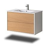 Stil.Zeit Evelia Badmöbel inkl. Waschbecken | Waschtisch mit Unterschrank 80.5 cm | Weiß/Dekor Buche| Push-to-Open/hängend
