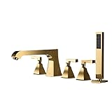 HAUSELIEBE Wannenarmatur Gold Mit Handbrause, Deck Montiert 5 Loch Bodenmontiert Dusche Set Hoher Durchfluss Badewanne Armatur