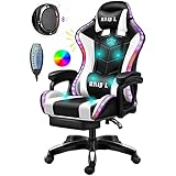 Massage-Gaming-Stuhl, LED-Bürostuhl mit hoher Rückenlehne mit Bluetooth-Lautsprecher, drehbarer ergonomischer PU-Leder-Chefsessel mit Fußstütze, verstellbare Höhe und Armlehnen (Farbe: Schwarz und