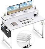 ODK Schreibtisch Weiß mit Monitorständer Höhenverstellbar, Computertisch mit Monitorablage und Aufbewahrungstasche, Kleiner Schreibtisch 120×50×84cm, Bürotisch PC Tisch Officetisch für Home Office