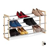 Relaxdays Schuhregal ausziehbar, offener Schuhständer mit 3 Ebenen, Holz & Eisen, erweiterbar bis 118 cm Breite, Natur, 10028909_348