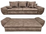 Vintage Big Sofa mit Schlaffunktion und Bettkasten, XXL Trend Couch, Wellenfederung, Kissen, 275 cm breit, 98 cm tief, Liegefläche 148 x 194 cm, Mikrofaserstoff in Leder-Optik in Beige Braun | 18009