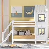 ZYLOYAL10 Etagenbett mit Handlauf und Fenster, Hausbett, Kinderbett mit Fallschutz und Gitter, Rahmen aus Kiefer, weiß (90x200cm)