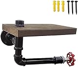 NOVSKI Industrielles Rohr An Der Wand Befestigter Toilettenpapierhalter Mit Holzregal Rustikaler Seidenpapierhalter Badezimmerrollenpapierhalter Schwarz Vintage Gusseisen Material