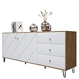 Newroom Kommode Weiß Matt Wildeiche Sideboard Skandi Modern - 183x76x40 cm (BxHxT) - Highboard Anrichte - [Loya.Two] Wohnzimmer Gästezimmer Büro