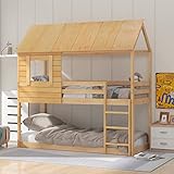 FEZTOY Hochbett Kinderbett 90 X 200, Etagenbett Stockbett für 2 Kinder mit Rausfallschutz und 2 Lattenrost, Massivholz Kinderbett, Jugendbett, Doppelbett Hausbett (Eichenfarbe)