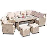 Green Spirit - Garten Sitzgruppe Madeira - Beige, Polyrattan, für 7 Personen, Wetterfest, Gartenmöbel-Set mit Ecksofa, Tisch, Sessel und 2 Hockern