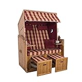 2-Sitzer Strandkorb Hörnum - Volllieger mit Fußablagen – inkl. Nackenkissen und Kuschelkissen Set - (Geflecht - Natur, Rot - Kariert)