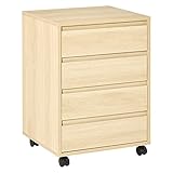 HOMCOM Rollcontainer Aktenschrank Büroschrank mit 4 Schubladen Lagerschrank Aufbewahrung Container MDF Natur 46 x 40 x 65 cm