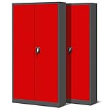 2er Set Aktenschrank C001H Büroschrank Metallschrank Stahlschrank Werkzeugschrank Stahlblech Pulverbeschichtet Flügeltürschrank Abschließbar 195 cm x 90 cm x 40 cm (anthrazit/rot)