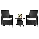 Ribelli 3-teiliges Rattan Gartenmöbel Set, Lounge Balkonmöbel, Wetterfest Gartenlounge, Sitzgruppe, Sitzgarnitur, Terassenmöbel für Wintergarten, Rasen, Terrasse, Garten, Kleiner Balkon, Schwarz