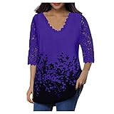 HOOUDO Damen Tshirt Elegant Damen Spitze 3/4 Ärmel V-Ausschnitt T-Shirt Damen Blumenbluse Tunika Tops Plus Größe Günstige Lange Röcke