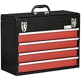 DURHAND Werkzeugkasten, Werkzeugkoffer ohne Werkzeug, Werkzeugkiste mit Griff, Werkzeugbox mit 4 Schubladen, Schloss, Stahl, Schwarz+Rot, 51 x 22 x 39,5 cm