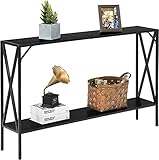 COSTWAY 2 Ebenen Konsolentisch Metallrahmen, Flurtisch Holz Standregal, Beistelltisch schmal Kippsicherung für Eingang, Wohnzimmer und Schlafzimmer, 120 x 23 x 74 cm (Schwarz)