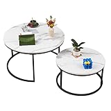 Soayone Couchtisch Rund 2er Set, Weiß Marmor Couchtisch mit Schwarz Metallgestell, Beistelltisch Rund, Wohnzimmertisch Modern, Satztische fürs Wohnzimmer Schlafzimmer Balkon