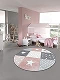 Teppich-Traum Kinderzimmer Teppich Spiel & Baby Teppich Herz Stern Punkte Design in Rosa Weiß Grau Größe 120 cm rund