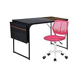 FurnitureR Computertisch 100 cm Schreibtisch mit Aufbewahrungstasche & Stuhl-Set, platzsparend für Zuhause Büro (Schwarz Braun Schreibtisch + Rosa Stuhl)