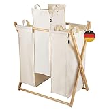 Hennez Wäschesammler XXL - Wäschekorb 3 Fächer - Wäschesortierer Wäschebox - Wäschekorb Holz - Wäschetrenner Beige - Wäsche Sortiersystem Bambus - Laundry Baskets