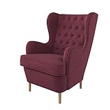 Furninero - Ohrensessel, Flügelstuhl, Flügel Sessel, tiefer gepolsterter, Chesterfield-Stil, gerundete Beine, Softi Cherry Stoff (Wasserabweisen), Rot