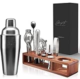 Skui’zi:to Selected Goods® Cocktail Set [15er Set] - Cocktail Shaker und Bar Zubehör aus Edelstahl - Mahagoni Holzstand mit Anti-Rutsch Pads - Gratis Rezeptbuch - 100% lebensmittelecht