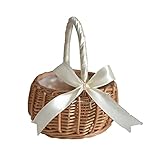 ZRSWV Rattan Blumenkorb, Hochzeit Blumenmädchen Korb mit Schleife, Handmade Willow Aufbewahrungskorb mit Griff und Kunststoffeinsatz für Hochzeit Zeremonie Party (Weiß, S)
