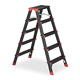 Relaxdays Trittleiter klappbar, 5 Stufen, Treppenleiter Aluminium, Leiter bis 120 kg, HBT: 96 x 45 x 79 cm, schwarz-rot