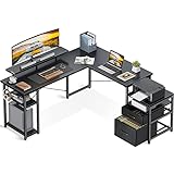 ODK Eckschreibtisch 168×160cm, Schreibtisch Schwarz, Bürotisch mit Regal und Lagerschrank, Schreibtisch L Form mit Monitorablage, Computertisch für Home Office