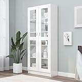 Tidyard Vitrinenschrank Bücherschrank Aktenschrank Büroschrank Bücherregal Schrank für Wohnzimmer, Spanplatte, Glas 82,5x30,5x185,5 cm Hochglanz-Weiß