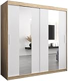 Kryspol Schwebetürenschrank Pole 200cm mit Spiegel Kleiderschrank mit Kleiderstange und Einlegeboden Schlafzimmer- Wohnzimmerschrank Schiebetüren Modern Design (Sonoma + Weiß)
