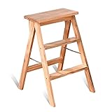 3-Stufen-Leiterhocker, Massivholz-Tritthocker, Haushaltsküche, Klappleiter, Wohnzimmerhocker, tragbarer Stuhl, Leiter mit doppeltem Verwendungszweck (Farbe: Holzfarbe)
