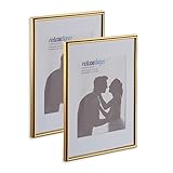 Relaxdays Bilderrahmen 2er Set, Din A4, Passepartout 15x20 cm, Glasscheibe, Fotorahmen zum Stellen oder Hinhängen, Gold