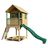 AXI Spielhaus Sarah mit Sandkasten & grüner Rutsche | Stelzenhaus in Braun & Grün aus FSC Holz für Kinder | Spielturm mit Wellenrutsche für den Garten