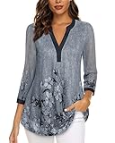 VAFOLY Arbeitsblusen für Damen 3/4 Ärmel Tuniken für Damen Business Casual Dressy Tops V-Ausschnitt Lange Blumen Lockere Passform Herbst Bürokleidung High Low Sheer Multicolor Grau XL