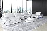 Wohnlandschaft Bari in Leder mit USB-Anschluss Steckdosen Sofa mit Kopfstützen Ledersofa Designersofa U Form Couch (Ottomane Links (auf Sofa blickend), Weiss-Schwarz)