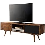 FineBuy TV Lowboard 140 cm Massiv-Holz Sheesham Landhaus 2 Türen & Fach | HiFi Regal braun/schwarz 4 Füße | Fernseher Kommode Vintage