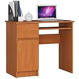 AKORD | Piksel Schreibtisch Klein mit Schubladen | Computertisch | Bürotisch mit Tastaturablage | Schublade und Fach mit Tür | Holz Deko | B90 x H77 x T50 cm 30 kg | Schrank Links | Erle