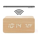 Holz Wecker mit Ladestation, Wecker Digital mit Thermometer, 3 Weckzeiten Digital Uhr, Digitaler Wecker Ohne Ticken, Tischuhr Alarm Clock Batteriebetrieben und USB, Digitale Uhr mit Leuchtziffern