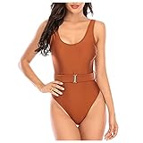 Mode Gürtel Bademode Women One Piece Gürtelschnalle Bikini Tiefer V-Ausschnitt sexy Rückenfrei Badeanzug mit Gürtel Monokini Strapsen Swimsuit Armellos Schwimmanzug Einfarbig Beachwear Badebekleidung