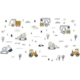 3 Blätter Wandaufkleber Kinderzimmer Auto Baufahrzeuge Wandtattoo Traktor Digger Bagger Lastwagen Kranwagen Sticker Abnehmbar für Wand Fenster Zimmer Schlafzimmer Babyzimmer Kindergarten