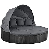 Juskys 2in1 XXL Polyrattan Sonneninsel + Sitzgruppe Puerto Plata Ø 210 cm — Sonnenliege mit Dach, Kissen, Tisch, Hocker — Liegeinsel Lounge wetterfest