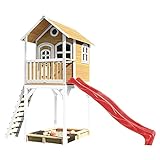 AXI Spielhaus Romy mit Sandkasten & roter Rutsche | Stelzenhaus in Braun & Weiß aus FSC Holz für Kinder | Spielturm für den Garten
