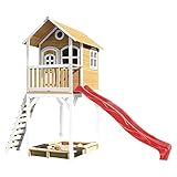 AXI Spielhaus Romy mit Sandkasten & roter Rutsche | Stelzenhaus in Braun & Weiß aus FSC Holz für Kinder | Spielturm für den Garten