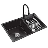 ANSNOW Küchenspülen, Küchenspülen, Schwarz, Küchenspüle Mit Herausziehbarer Armatur, Tiefes Doppelwaschbecken Aus Edelstahl 304, Einbau- Oder Unterbauinstallation (80 X 45 Cm)./Schwarz/75 * 40Cm