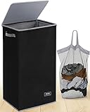 SOLEDI 100L Wäschekorb mit Deckel Schwarz - Wäschesammler schmal mit Wäschesack - Großer Wäschekörbe Wäschetonne Wäschebox Laundry basket